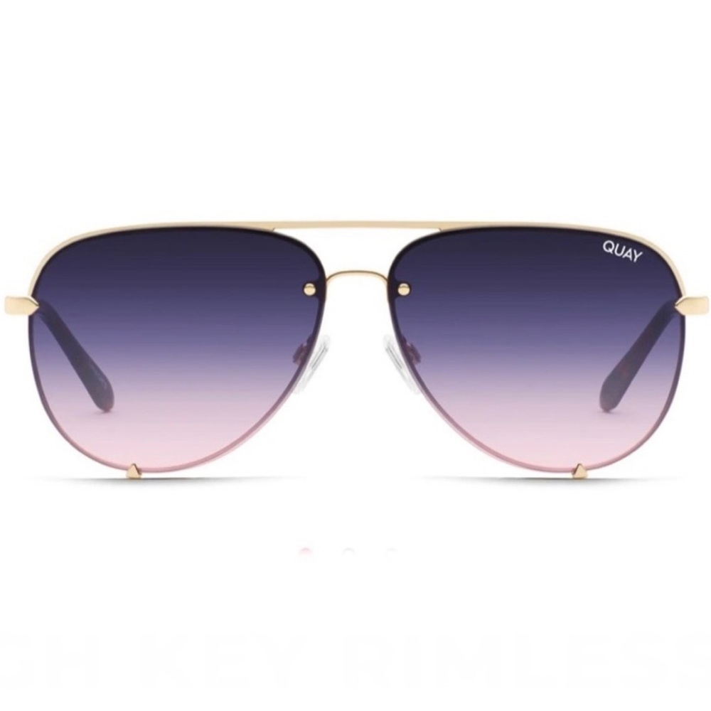 QUAY High Key Sunglasses Gold Rimless Frame Pink Navy Lens Aviators - Picture 6 of 6